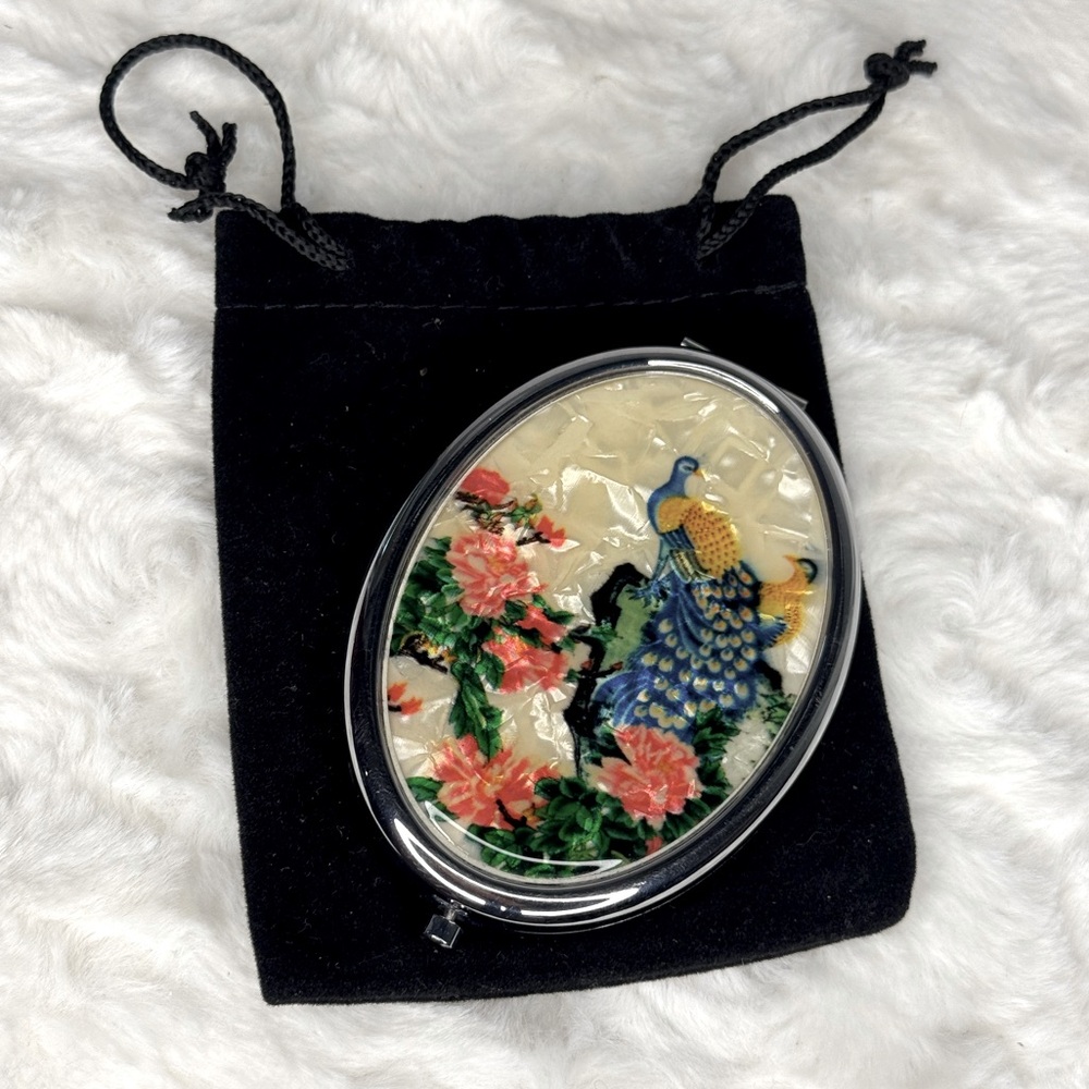 Beautiful Peacock and Floral Compact Mirror with black dust bag